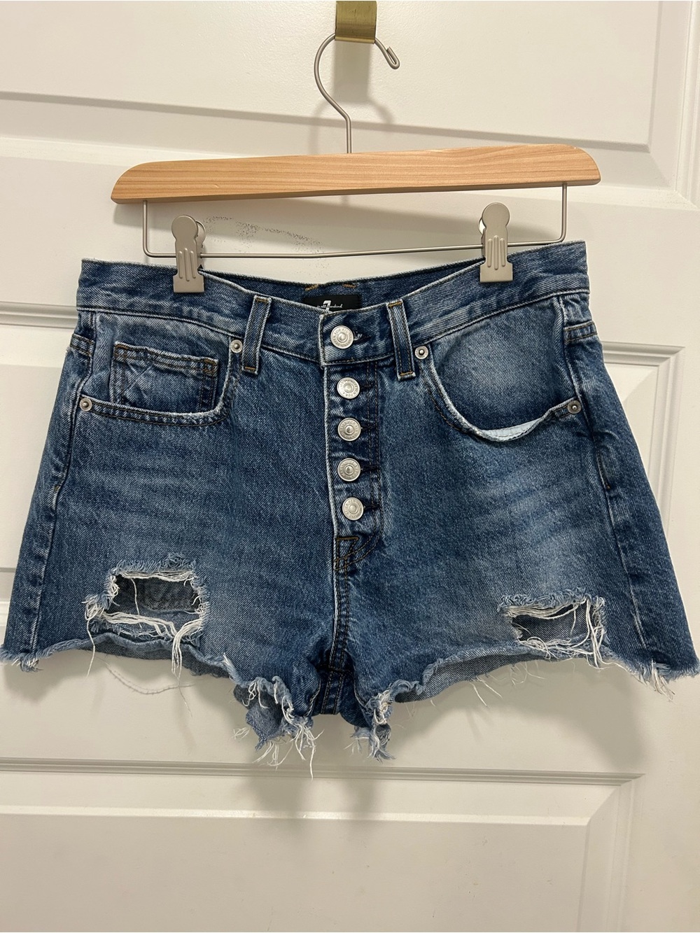 7 For All Mankind Dark Blue Distressed Button-Fly Denim Shorts